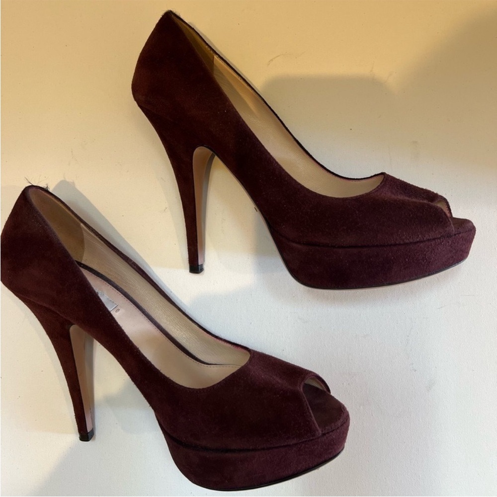 PRADA | Peep Toe Heels | Womens 38/8 Deep Burgundy Suede Platform Stiletto Pumps - Picture 6 of 8